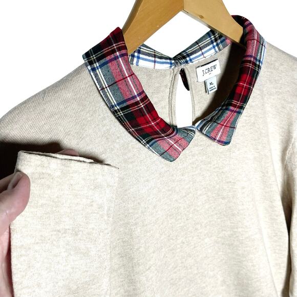 J.CREW Women’s Layered Long Sleeve Tan and Plaid Cotton Sweater XL - Picture 4 of 5